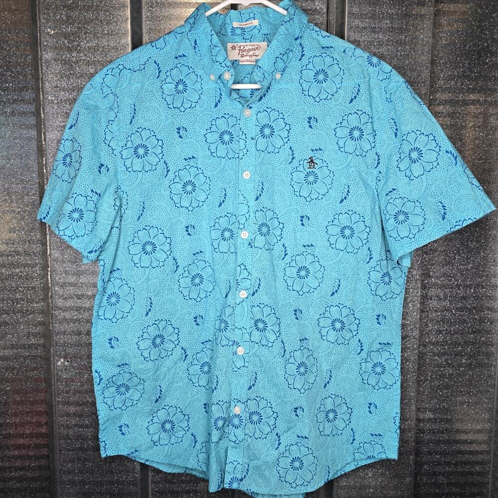 Original Penguin Hawaiian Floral Button Front Shirt Men's Large Blue Classic Fit
